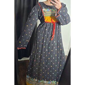 Vintage 1970s Prairie Long Sleeve Whimsical Cottagecore Maxi Dress  Mushrooom